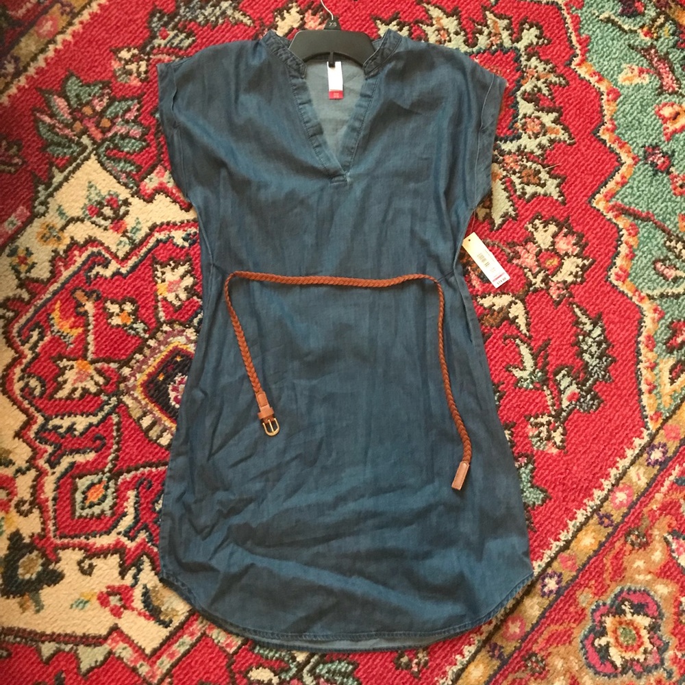 Denim dress with brown belt